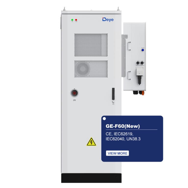 White Deye cabinet with warning symbol, control panel, vents. Blue box: "GE-F60 (New)" info and "View More" button.