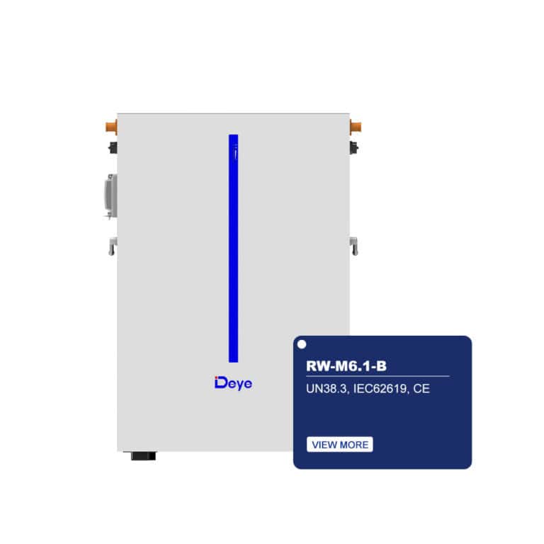 Rectangular white RW-M6.1-B battery with central blue LED strip and small label for model and certification details.