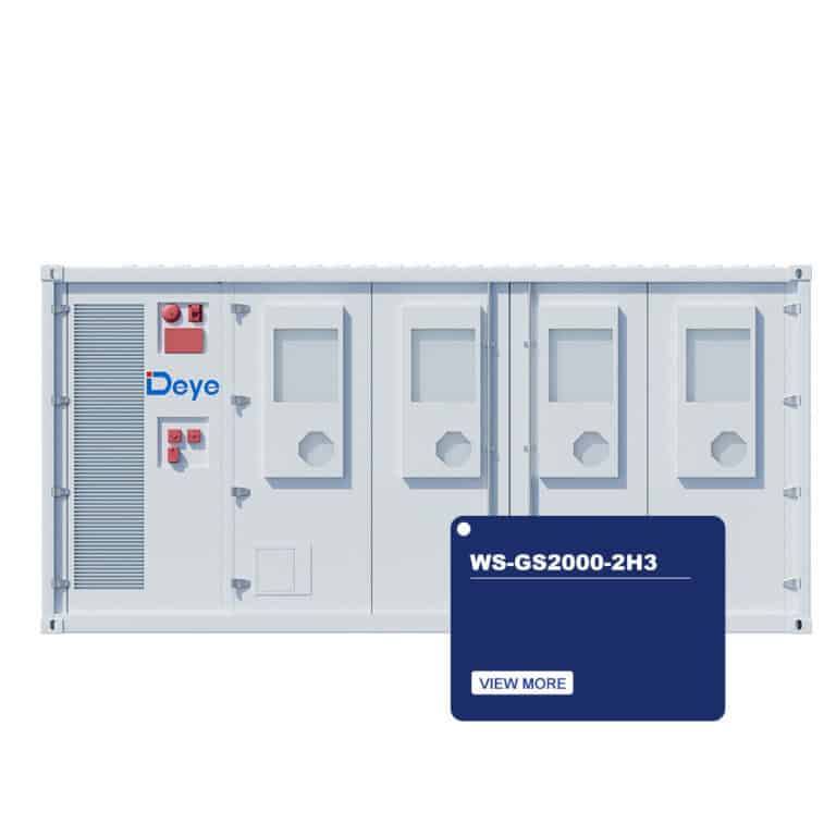 White industrial container with vents, Deye logo, control panels, and a blue "WS-GS2000-2H3" label with "View More" button.