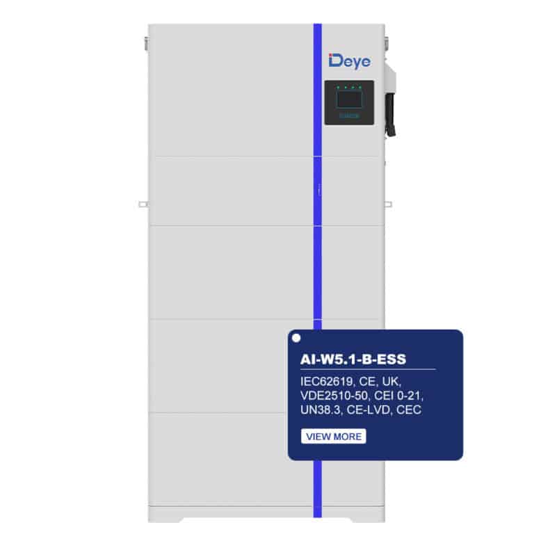 Deye AI-W5.1-B-ESS Solar Storage features a digital display and certification details in a blue box for home energy use.